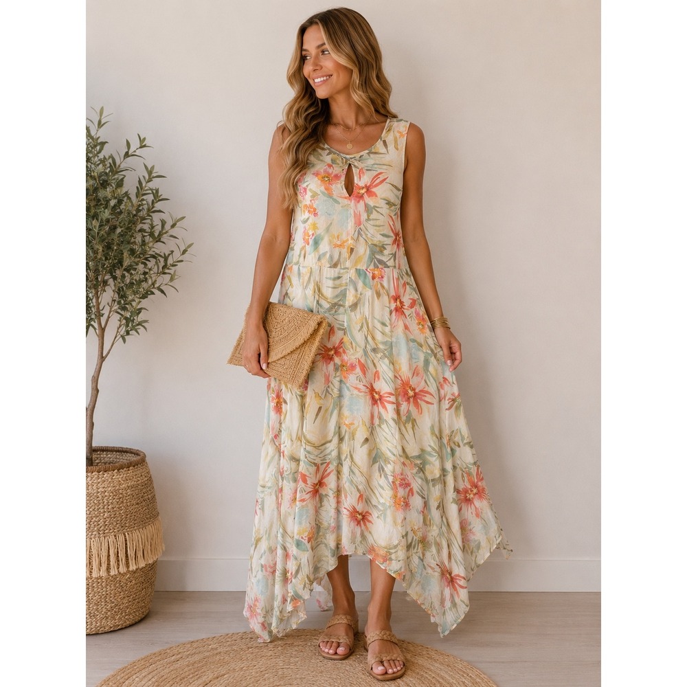Sundance Size 6 Botanical‎ Floral Maxi Dress Handkerchief Hem Boho Resort